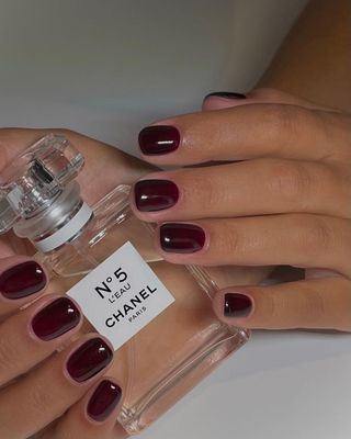 Chanel no5 bottle and dark red nails