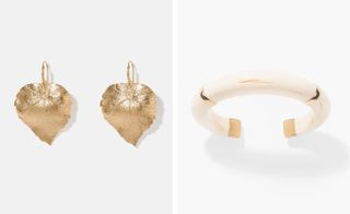 Bidermann's Central Park leaf earrings and Caftan Moon bracelet in yellow gold and ivory Bakelite