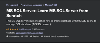 A screenshot of the Udemy website advertising the 'MS SQL Server: Learn MS SQL Server from Scratch' course