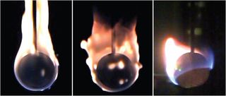 This series of images shows an example of fires burning in a special zero gravity chamber as part of an experiment for the International Space Station