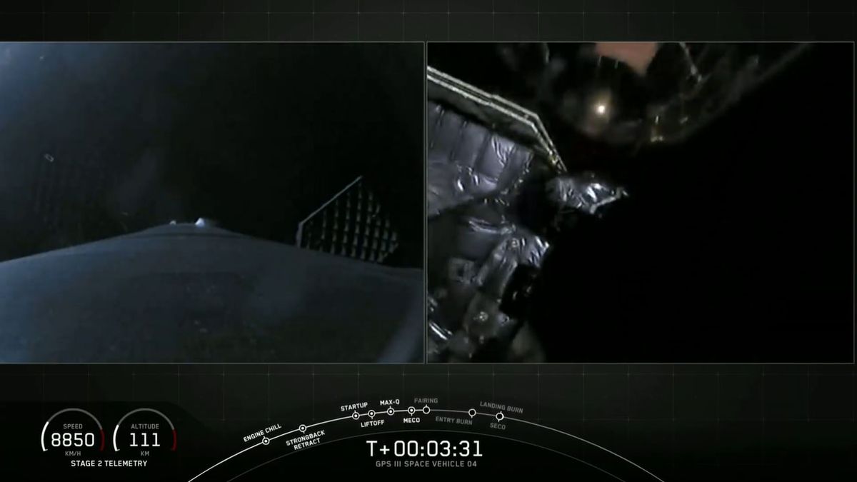 The Falcon 9 rocket's second stage separates with the U.S. Space Force's GPS III-SV04 satellite shortly after liftoff on Nov. 5, 2020.