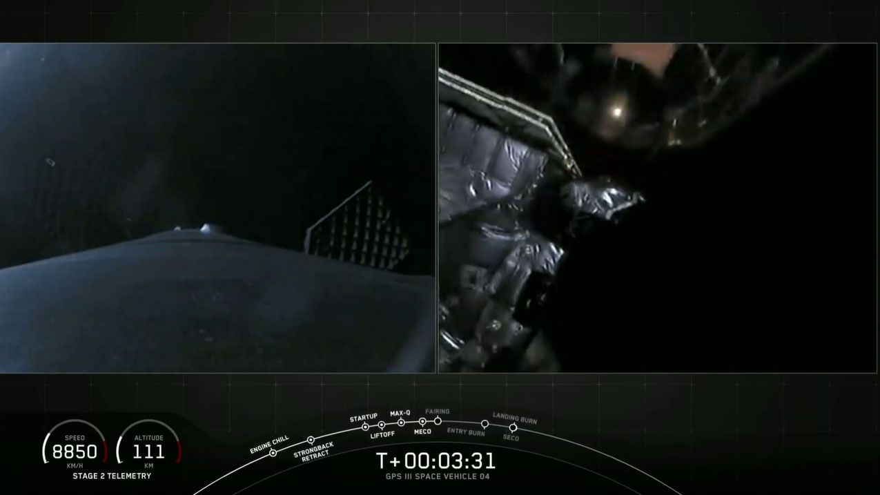 The Falcon 9 rocket's second stage separates with the U.S. Space Force's GPS III-SV04 satellite shortly after liftoff on Nov. 5, 2020.