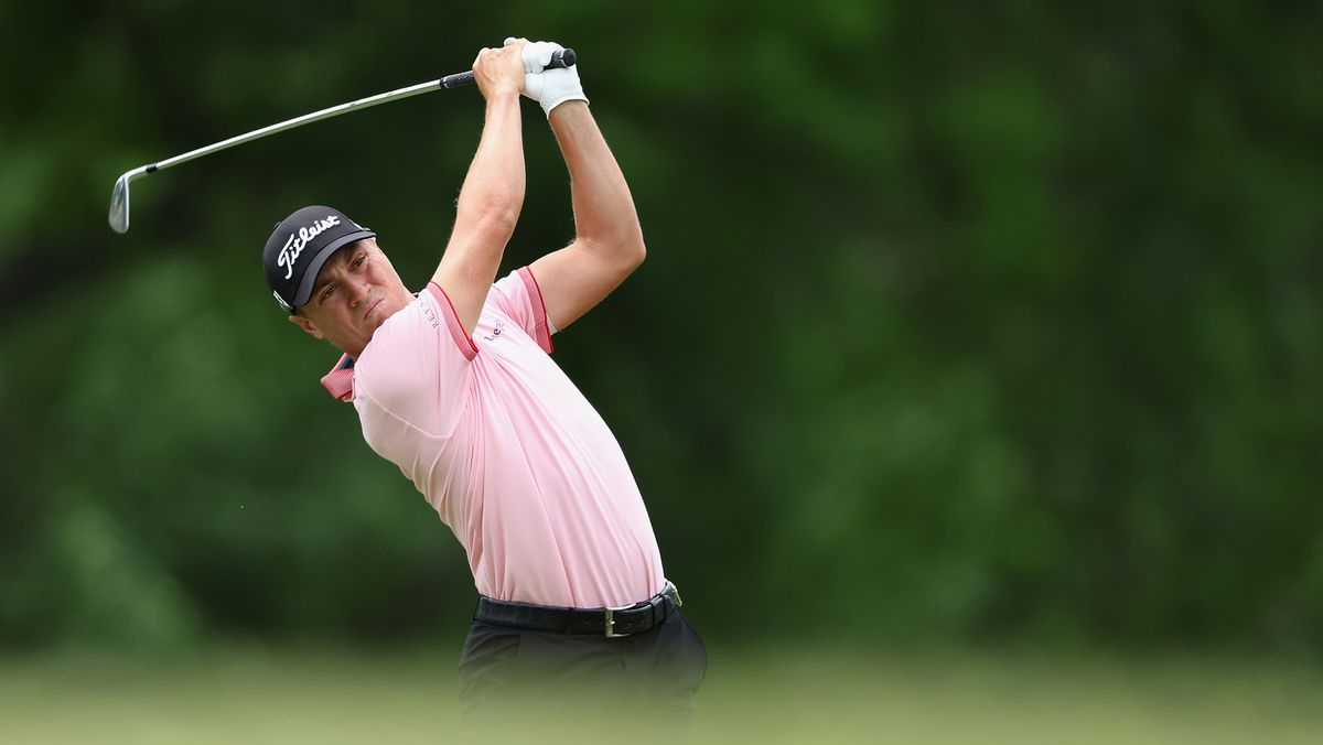 Justin Thomas of the United States plays a shot on seventh hole during the final round of the 2022 PGA Championship at Southern Hills Country Club on May 22, 2022 in Tulsa, Oklahoma.