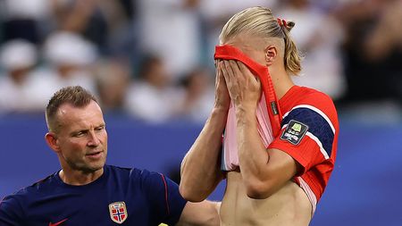 Erling Haaland #9 of Norway reacts after the 1-2 loss during the FIFA World Cup 2026 Quarter Final match between Norway and England at Miami Stadium on July 11, 2026 in Miami Gardens, Florida.