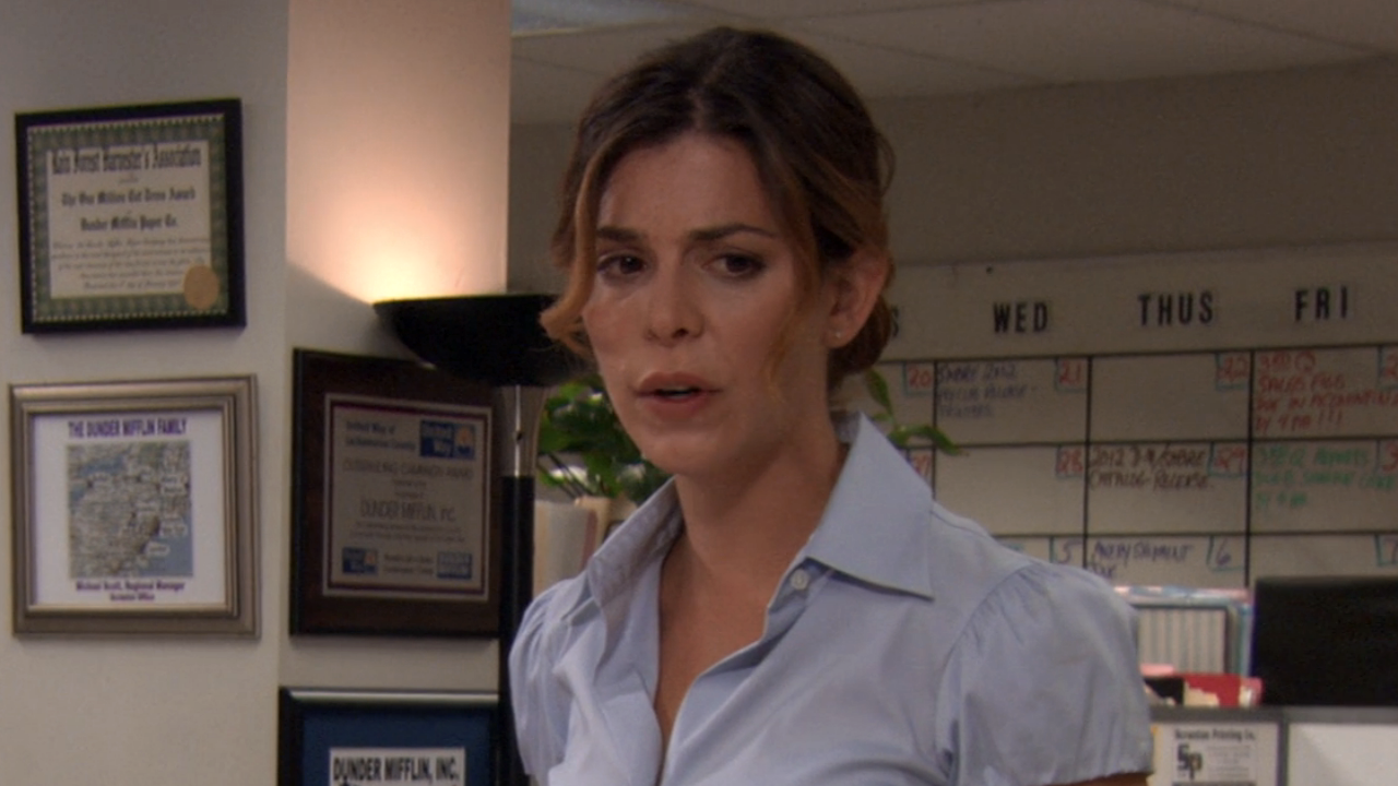Cathy talking to Jim and Pam in The Office Season 8