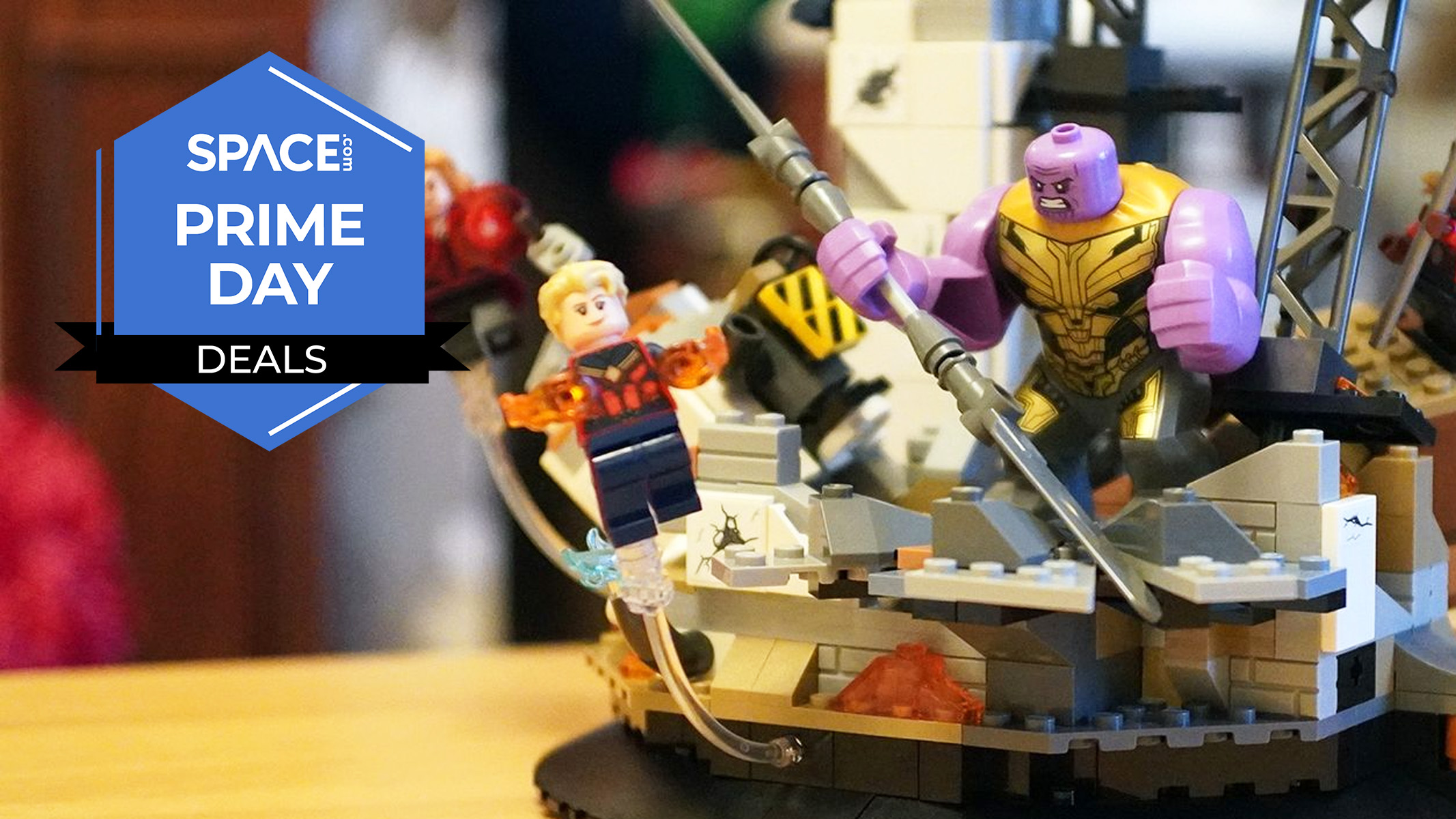 A Lego Marvel Avengers Endgame Final Battle set, assembled, on a tabletop. 