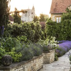 A mature flowerbed along a stone path