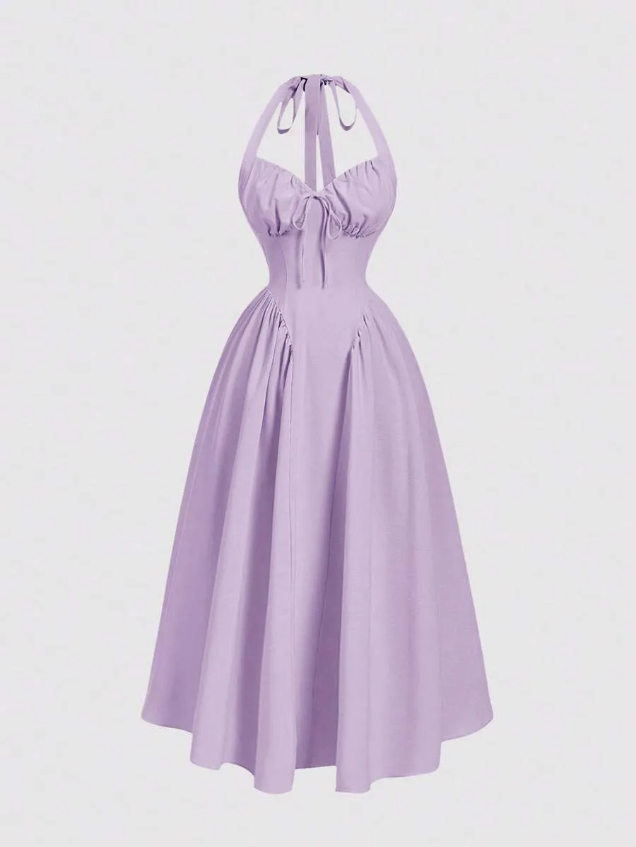 SHEIN, Plus Size Women's Halter Neck Ruched Bow Swing Dress