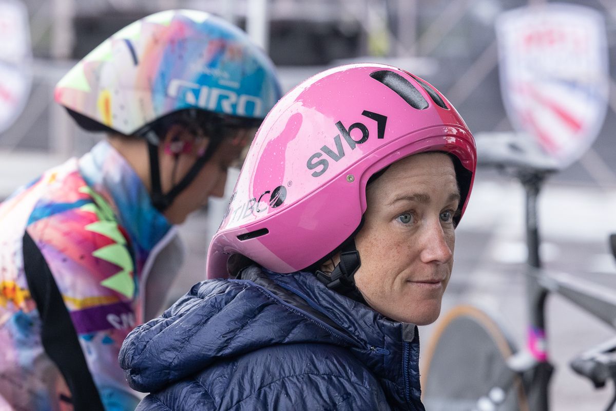 Lauren Stephens waits in the start house with Chloe Dygert for there time to face the clock