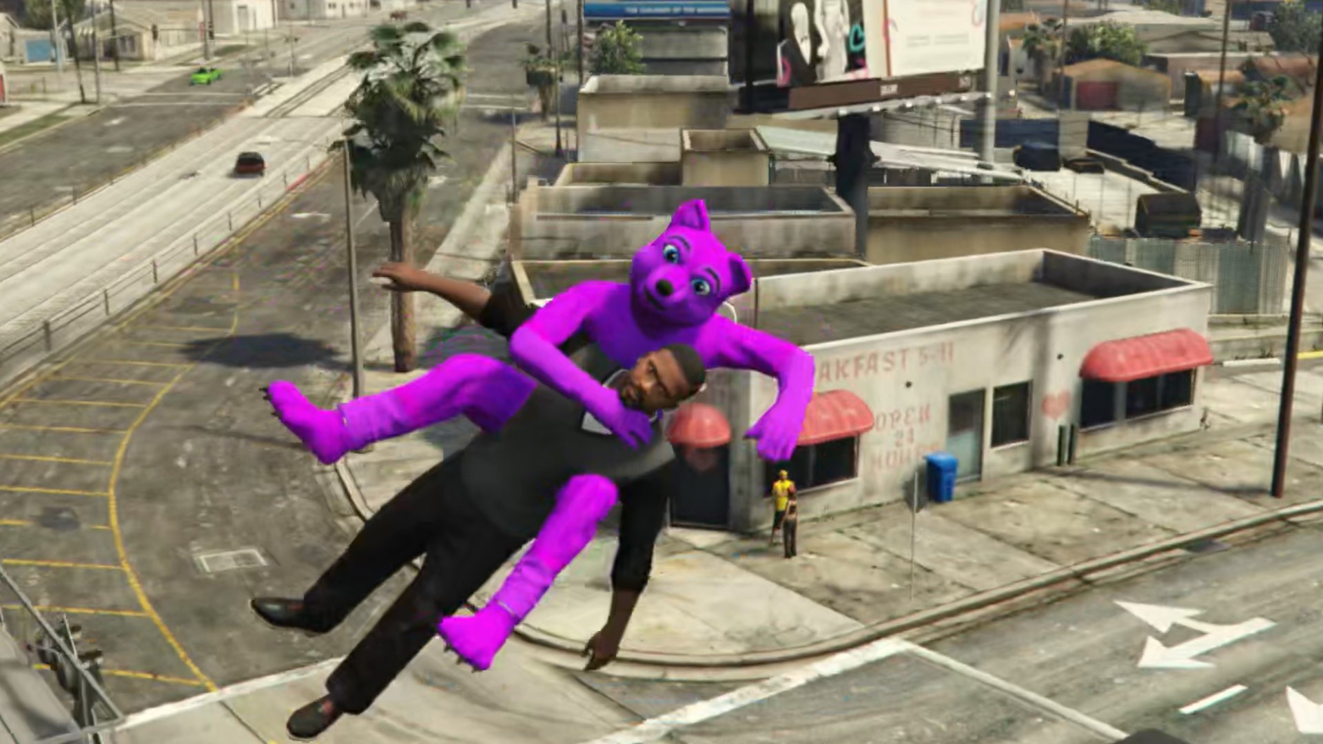 Franklin t-poses in midair, with a man in a purple fursuit on his back.