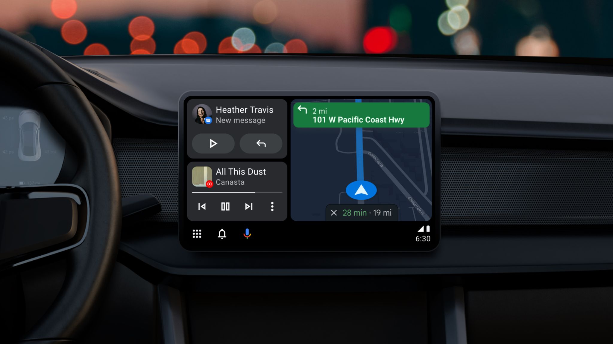 New Android Auto user interface shown on a landscape display on a car's dashboard