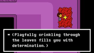 Undertale screenshot of the human protagonist crinkling leaves which fills them with determination