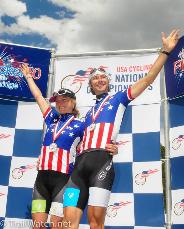 Heather Irmiger and Jeremy Horgan-Kobelski enjoying the moment in front of hundreds of cheering spectators.