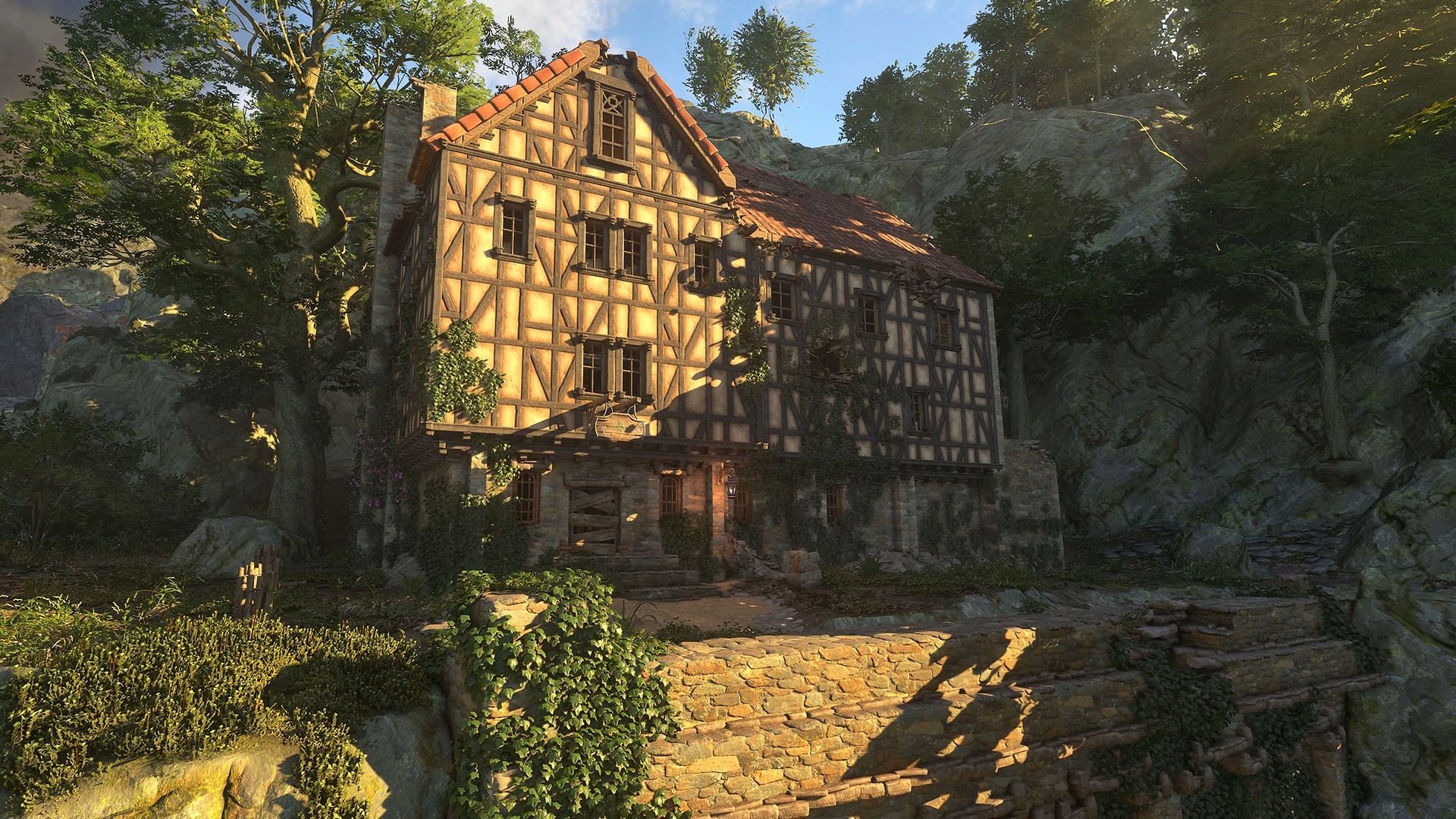 Enshrouded - Blue Goblet Tavern, a single large building sitting up on a hill