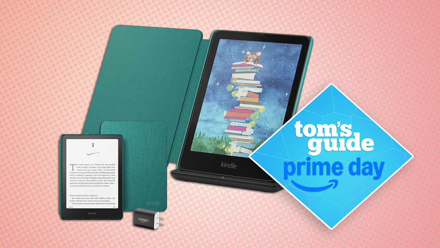 Two Amazon Kindles with green cases on a pink background with a prime day deals tag 