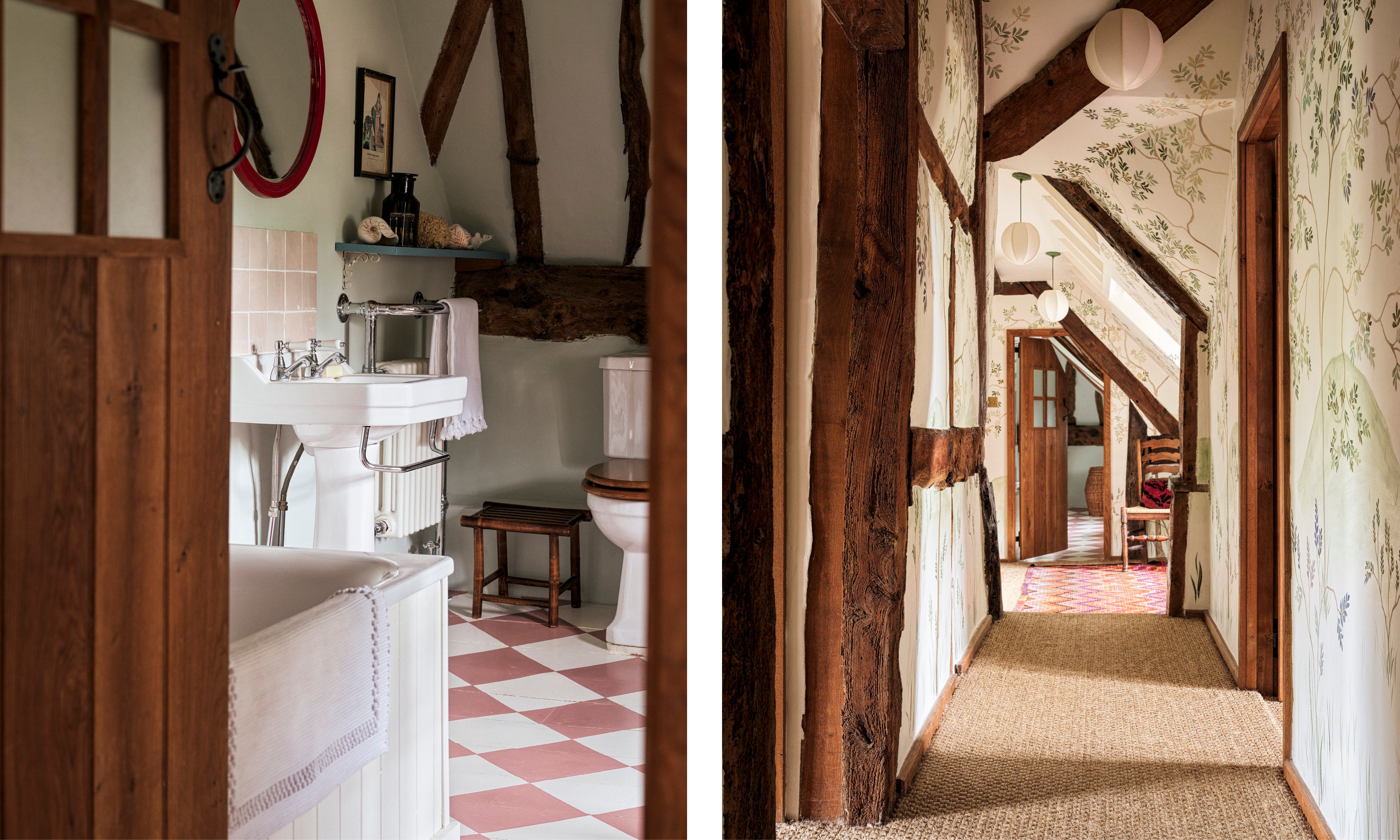A diptych of a rustic interior hallway and bathroom. The left image is a view into a bathroom with a pedestal sink, a bathtub, and a pink and white checkered tile floor. The right image shows a long hallway with a jute carpet, patterned floral wallpaper, and exposed dark wood beams.