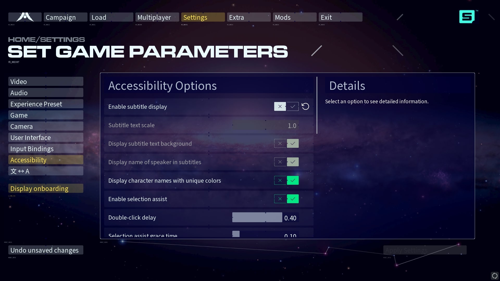 The accessibility menu in Homeworld 3.