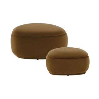 2 ochre, oval storage ottomans with removable lids