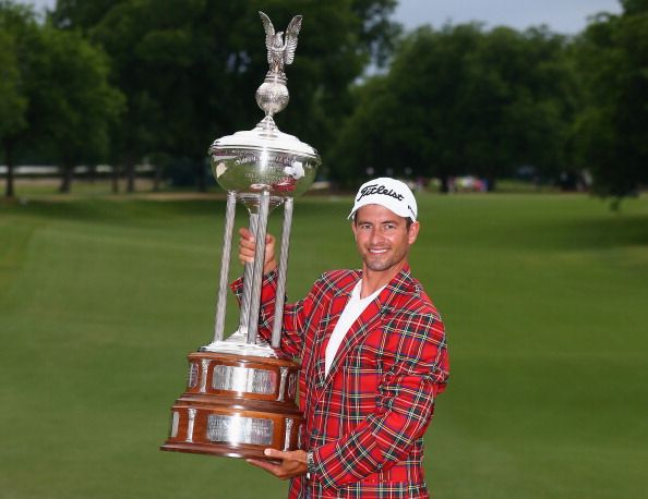 Adam Scott of Australia shakes hands with Jason Dufner after a birdie putt on the thrid playoff hole to defeat him and win the 18th hole during the Final Round of the Crowne Plaza Invitational at Colonial at the Colonial Country Club on May 25, 2014 in Fort Worth, Texas. (Photo by Scott Halleran/Getty Images