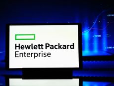 Hewlett Packard Enterprise logo on PC screen with blue background