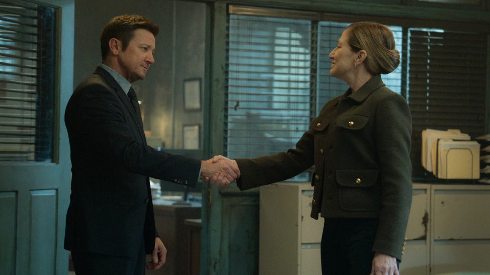 Jeremy Renner as Mike McLusky and Edie Falco as Nina Hobbs in Mayor of Kingstown season 4.