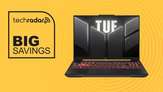 Asus TUF gaming laptop on yellow background with big savings text overlay