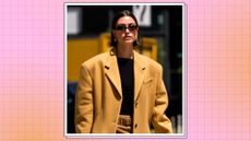 Hailey Bieber is pictured wearing sunglasses and a camel coat in Tribeca on May 10, 2023 in New York City. / in a pink and orange template