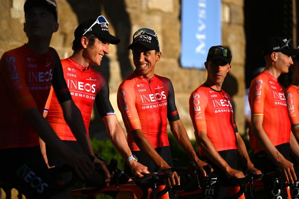 FIRENZE ITALY JUNE 27 LR Geraint Thomas of Great Britain and Egan Bernal of Colombia and Team INEOS Grenadiers during the 111th Tour de France 2024 Team Presentation UCIWT on June 27 2024 in Firenze Italy Photo by Dario BelingheriGetty Images