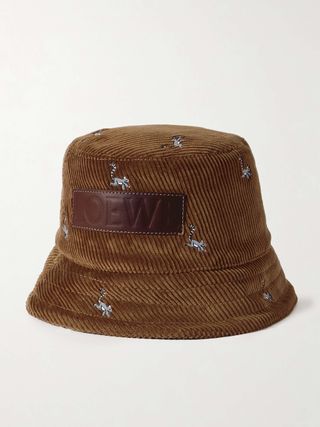 Leather-Trimmed Embroidered Cotton-Corduroy Bucket Hat