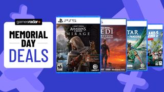 PS5 games on a blue background with Memorial Day deals badge
