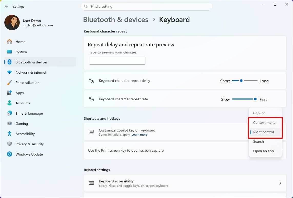 Settings app on the Keyboard page showing the new Copilot key options.