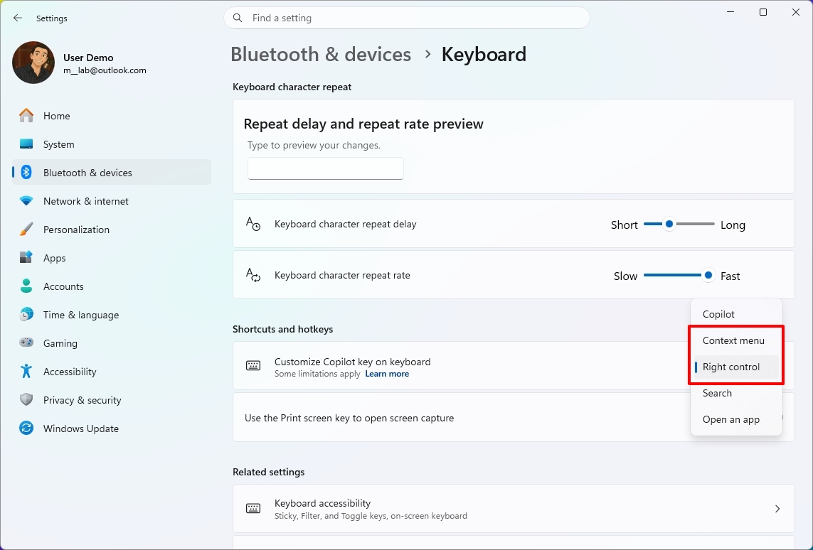 Settings app on the Keyboard page showing the new Copilot key options.