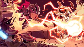 Ball x Pit: Key art for the game showing a knight jumping and shooting a fire ball towards a skeleton on the right side.