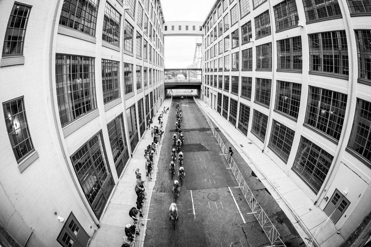 A breakaway passes between old tobacco warehouses in downtown Winston-Salem.