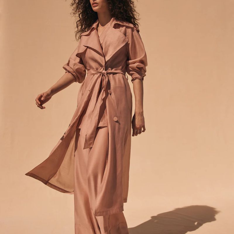 Pink Sheer Organza Trench Coat on model 
