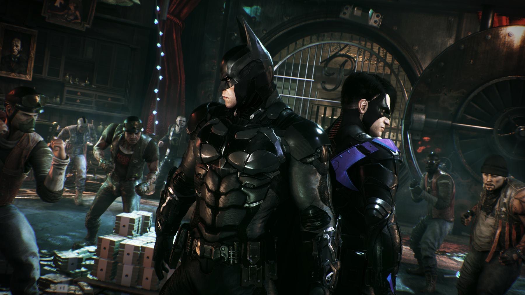 Batman and Nighthawk are surrounded by goons in a vault