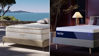 The Saatva Classic Mattress on a sunlit terrace (left) and the Nectar Luxe Hybrid Mattress in a darker bedroom (right)