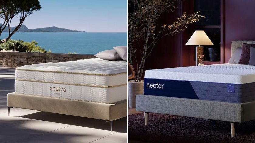 The Saatva Classic Mattress on a sunlit terrace (left) and the Nectar Luxe Hybrid Mattress in a darker bedroom (right)