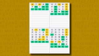 Quordle Daily Sequence answers for game 1129 on a yellow background