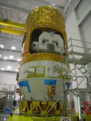 Japan's second robotic HTV cargo ship, the Kounotori 2, is prepared for its Jan. 22, 2011 launch from the country's Tanegashima Space Center by the Japan Aerospace Exploration Agency. Here, the craft's unpresurrized cargo section is shown.