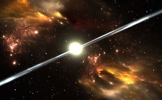 Pulsars spit out beams of radiation as they spin.
