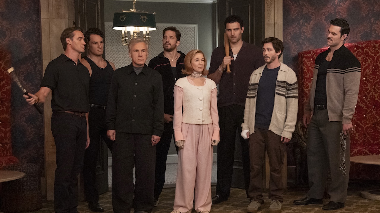 Bash, Camilla, and Jay surrounded by the Caccimelio brothers in the casino in Only Murders in the Building's Season 5 finale