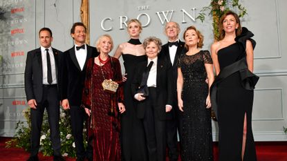 Jonny Lee Miller, Dominic West, Marcia Warren, Elizabeth Debicki, Imelda Staunton, Jonathan Pryce, Lesley Manville and Claudia Harrison attend the World Premiere of Netflix's "The Crown" Season 5 at the Theatre Royal Drury Lane on November 8, 2022 in London, England.