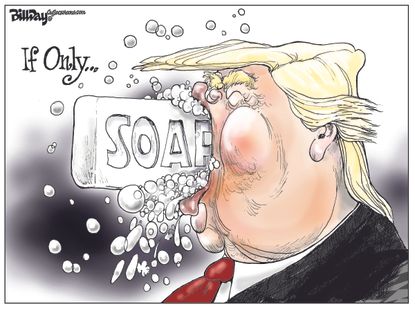 Political Cartoon U.S. Donald Trump clean up language words lies