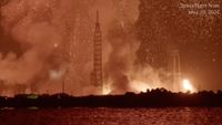 This still image from a Spaceflight Now video shows the aftermath of a massive explosion and fireball after an anomaly with Blue Origin's NG-4 New Glenn rocket booster on May, 28, 2026 at Cape Canaveral Space Force Station in Florida.