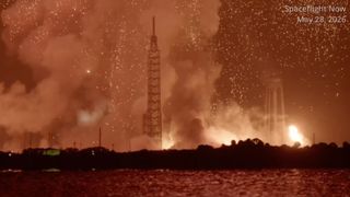 This still image from a Spaceflight Now video shows the aftermath of a massive explosion and fireball after an anomaly with Blue Origin's NG-4 New Glenn rocket booster on May, 28, 2026 at Cape Canaveral Space Force Station in Florida.