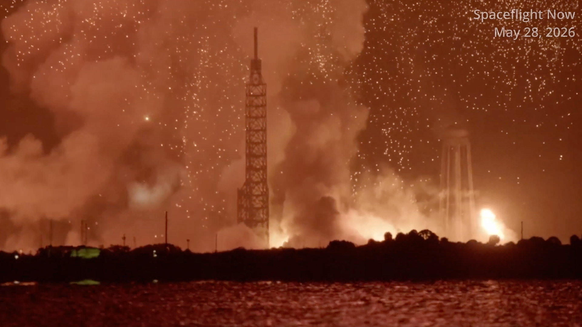 This still image from a Spaceflight Now video shows the aftermath of a massive explosion and fireball after an anomaly with Blue Origin's NG-4 New Glenn rocket booster on May, 28, 2026.