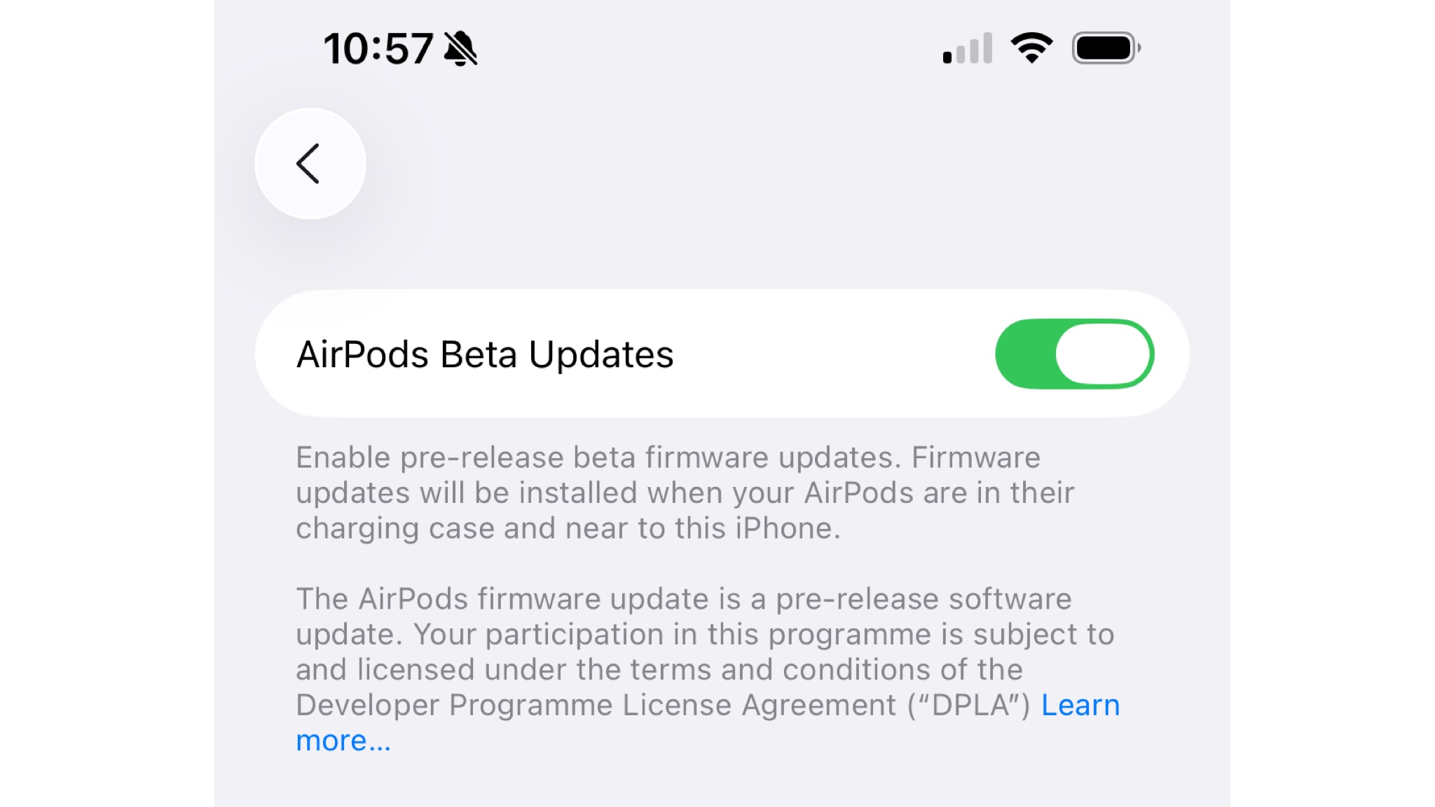 A screenshot of the AirPods Beta Updates toggle in the iOS 26 beta