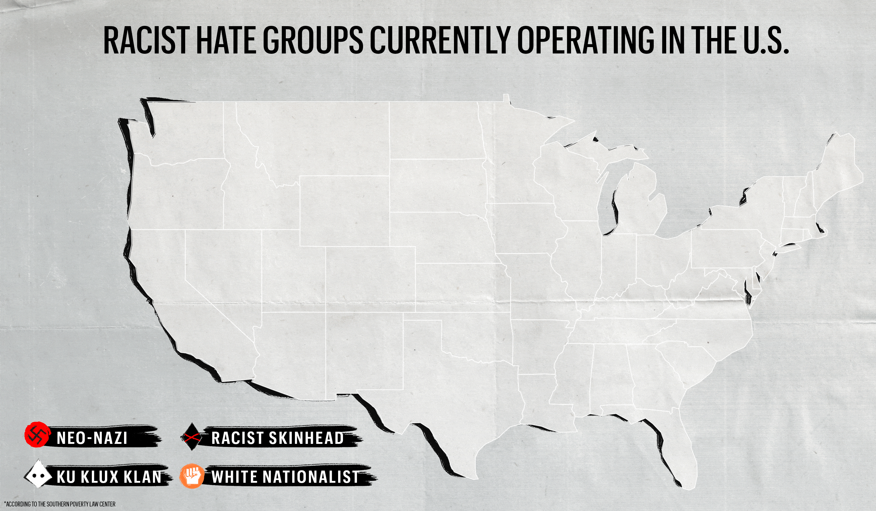 An animated map of the United States showing active race-hate groups