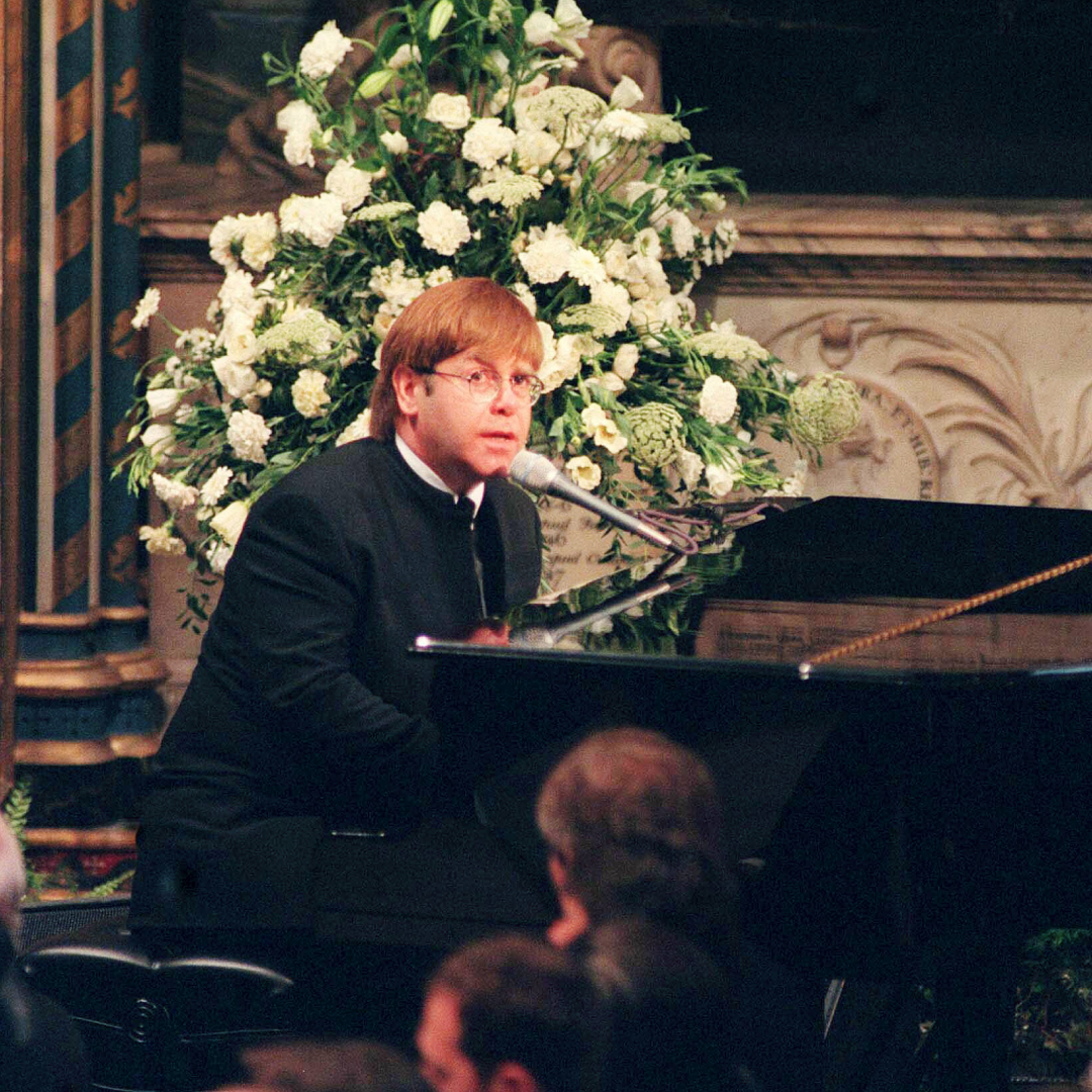 Elton John playing the piano at Princess Diana's funeral